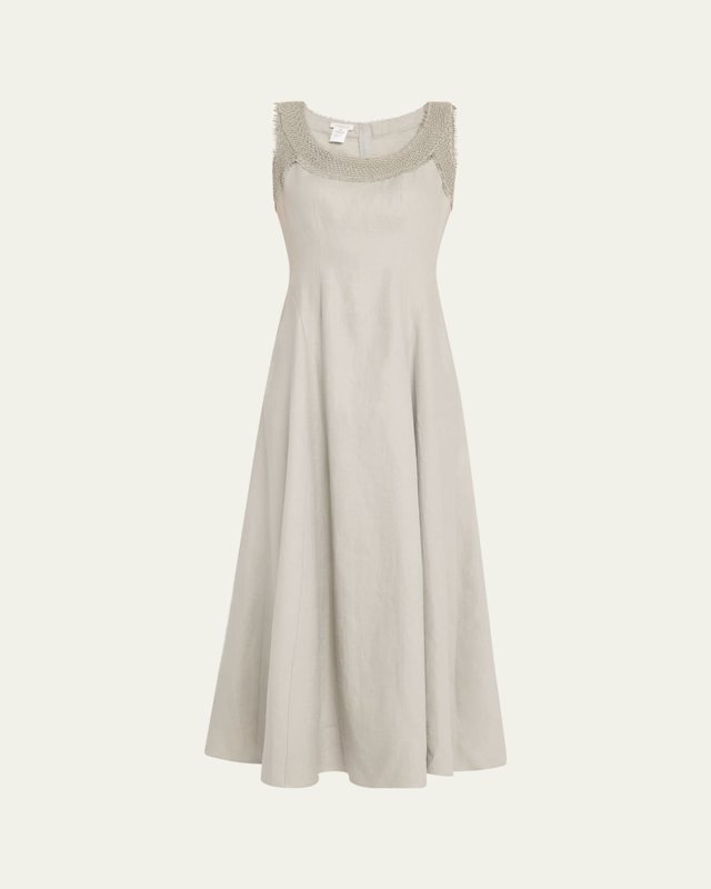 Square-Neck Linen Dress with Knit Trim